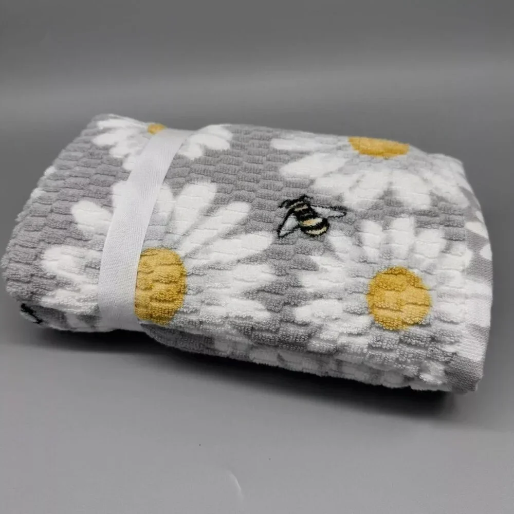 4pc Deborah Connolly Bumble Bee Bath Hand Towel Set Gray Daisy Floral Textured